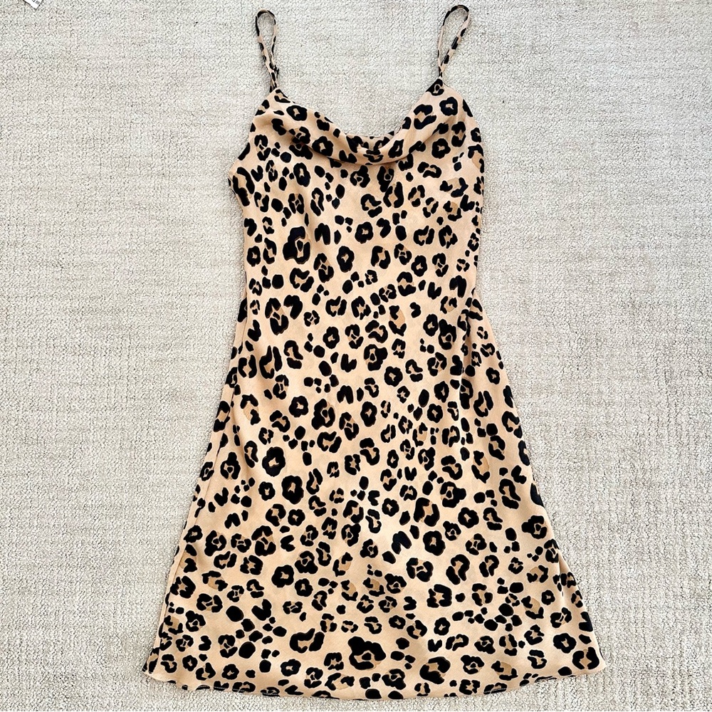 OLIVACEOUS Leopard Satin Mini Dress, Small
